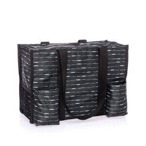 Thirty-One Zip Top Organizing Utility Tote Bag Starlit Stripe Black Pockets